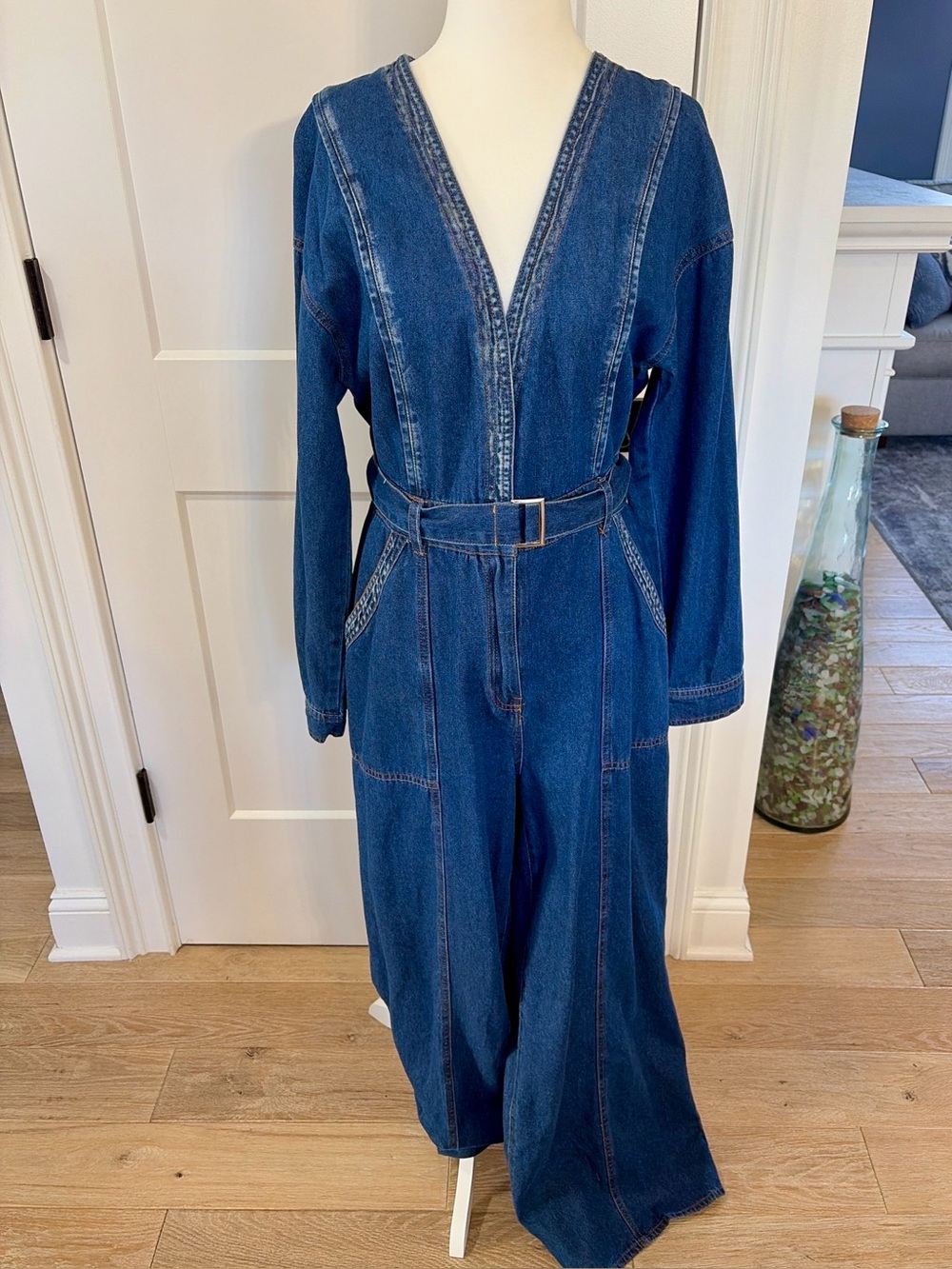 Denim Wide-Leg Jumpsuit with Belt - Blue